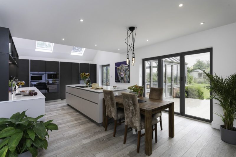 bifolding doors in open plan kitchen diner